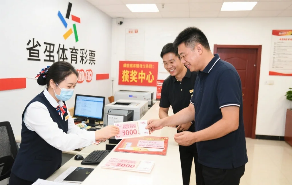 省级体育彩票兑奖中心内，工作人员为中奖者办理兑奖手续，场景正规、气氛轻松