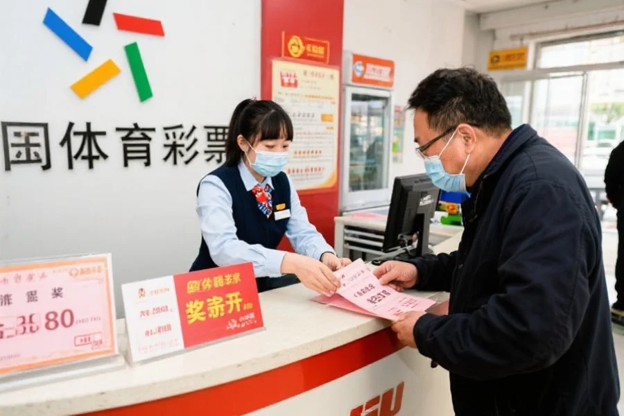 体彩工作人员在兑奖柜台为中奖者办理兑奖手续，双方神情专注，环境安全有序