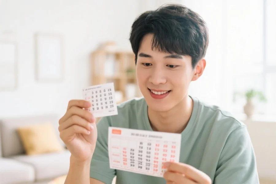 一位手持彩票、专注分析号码走势图的年轻人，背景为明亮的居家环境