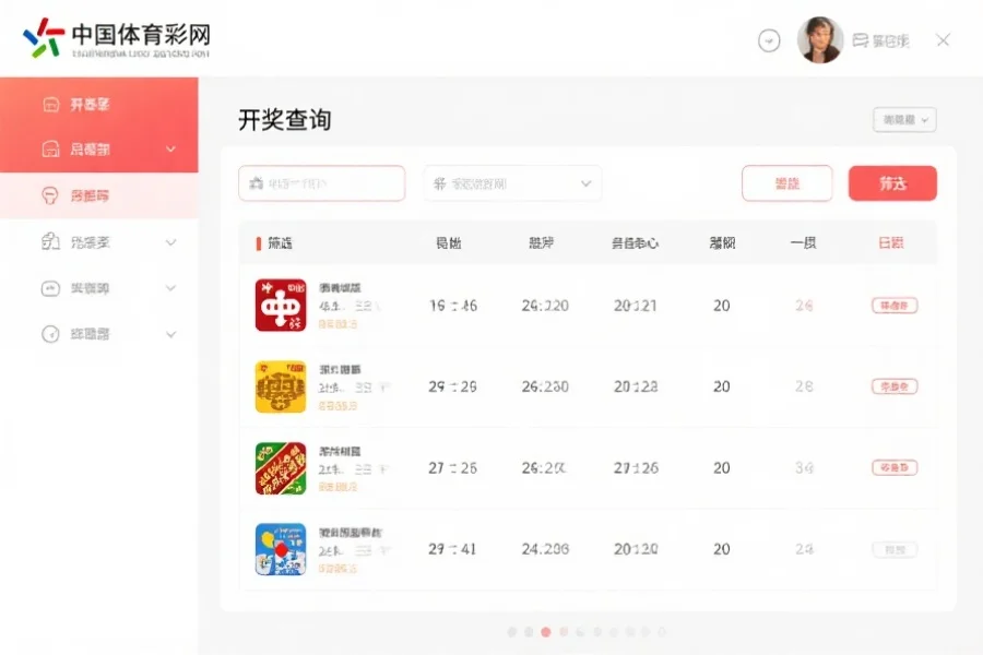 中国体彩网“开奖查询”界面的截屏，展示不同彩票类型和日期筛选功能，界面简洁明了