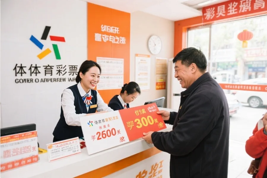 体彩兑奖大厅内,工作人员微笑着为中奖者服务,环境整洁,气氛温馨